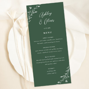 Tarjeta de menú Boda botánico verde oscuro rústico