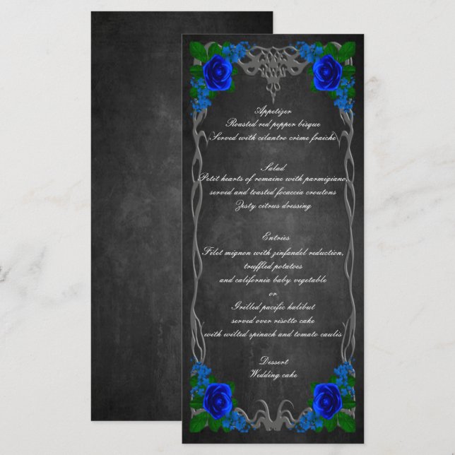 Tarjeta de menú Boda Caída del Rosa Azul Real Chal (Anverso / Reverso)