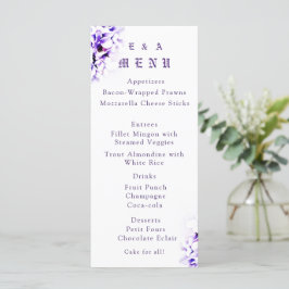 Tarjeta de menú Boda católica con violetas elegant