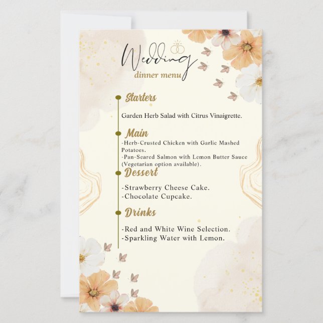 Tarjeta de menú boda con diseño floral crema (Anverso)