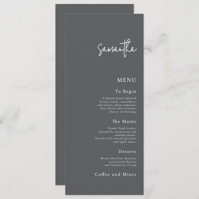 Tarjeta de menú boda con el nombre de invitado gri (Anverso / Reverso)