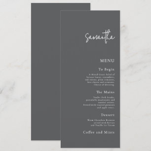 Tarjeta de menú boda con el nombre de invitado gri