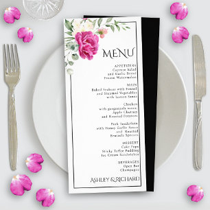 Tarjeta de menú boda con eucalipto y flores rosada