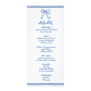 Tarjeta de menú boda con guion azul y blanco