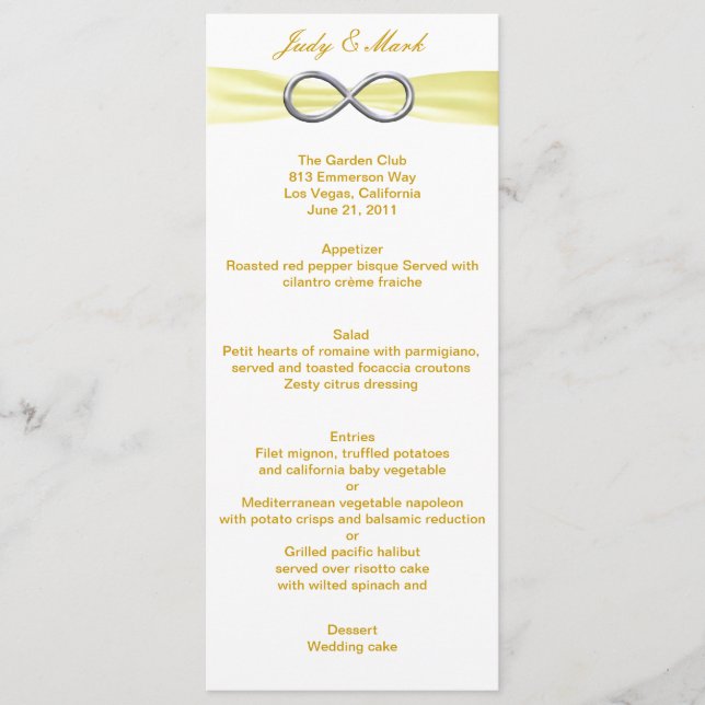 Tarjeta de menú Boda con infinito amarillo (Anverso)