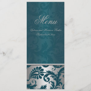Tarjeta de menú Boda Damask II plateado y Verde az