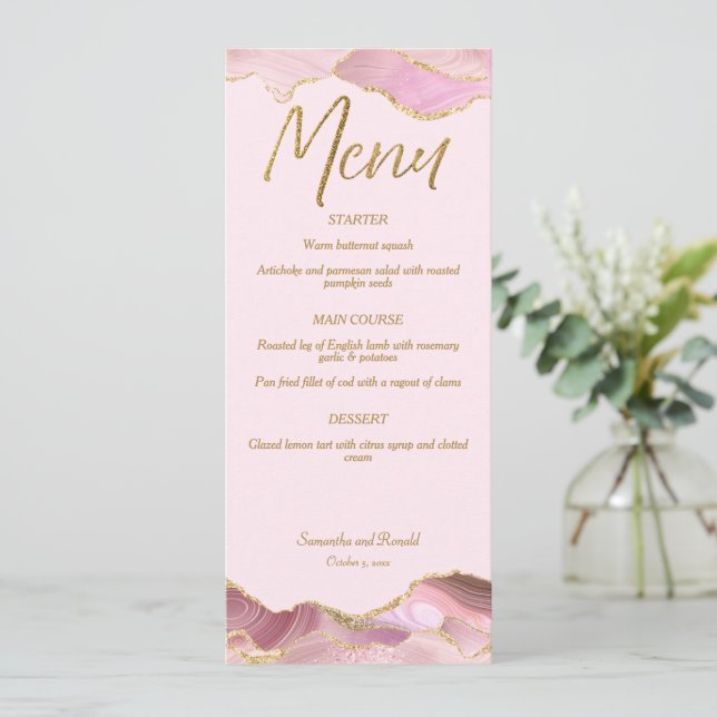 Tarjeta de menú Boda de Agate Rosado y Oro (Anverso de pie)