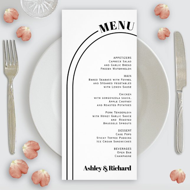 Tarjeta de menú boda de arco blanco, negro y tipog (Subido por el creador)