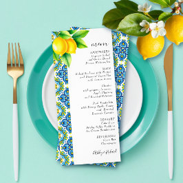 Tarjeta de menú boda de azulejos y limones mediter