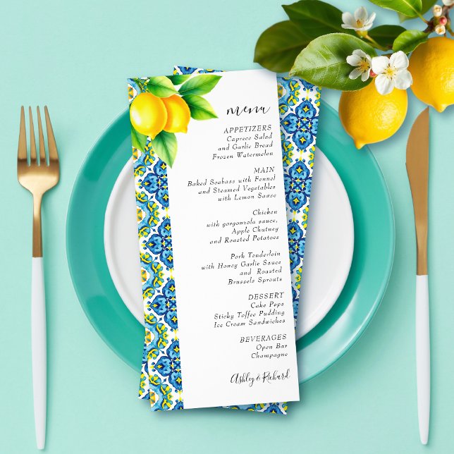 Tarjeta de menú boda de azulejos y limones mediter (Subido por el creador)