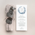 Tarjeta de menú Boda de Azure Wild<br><div class="desc">Nuestro menú boda de moda de invierno incluye sus entrantes, entradas y postres con elegantes letras, con sus nombres y fecha boda rodeados por una corona botánica de color azul invernal. Coordina con nuestra colección de bodas de Wild Azure. Utilice los campos de plantilla para agregar la información del menú...</div>