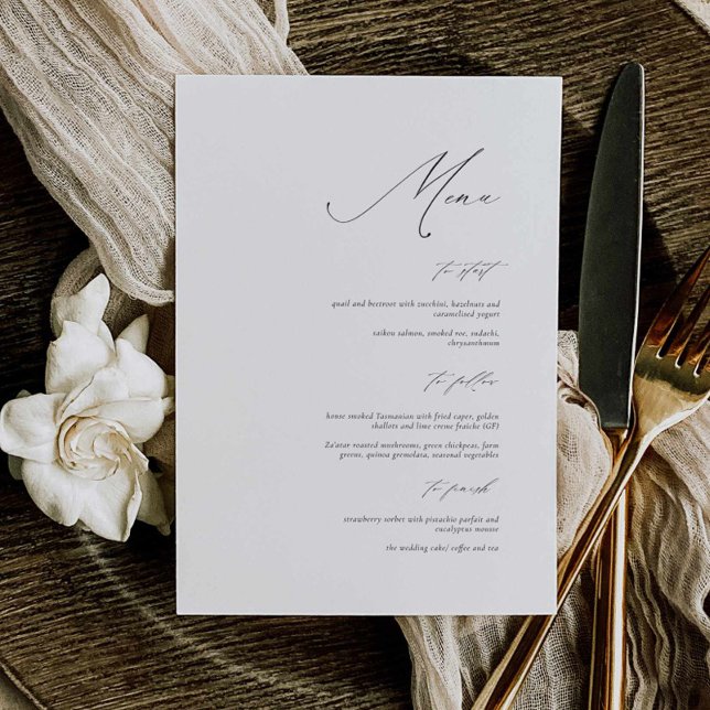 Tarjeta de menú Boda de caligrafía elegante (elegant modern wedding menu ,  calligraphy minimal wedding menu black and white, 5x7 inches)