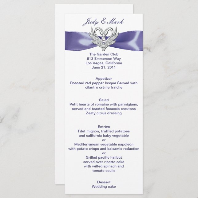 Tarjeta de menú Boda de cisnes morados de plata az (Anverso / Reverso)
