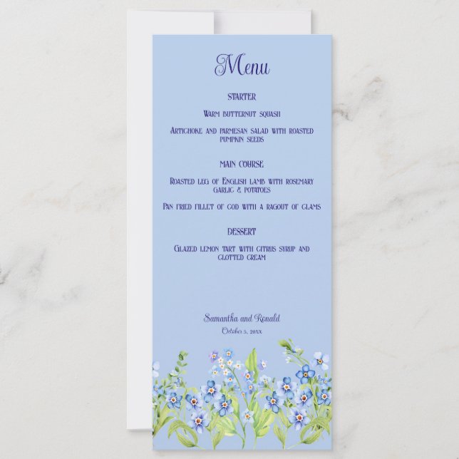 Tarjeta de menú Boda de color Azul pálido Olvídenm (Anverso)