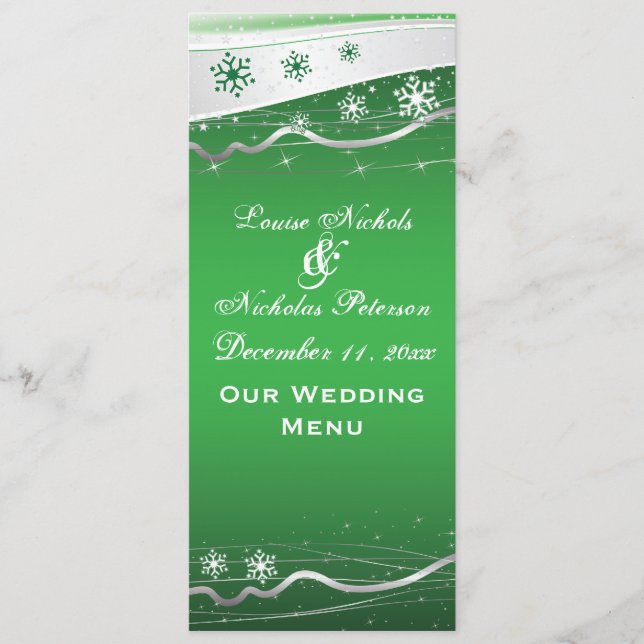 Tarjeta de menú boda de copos de nieve verde, gris (Anverso)