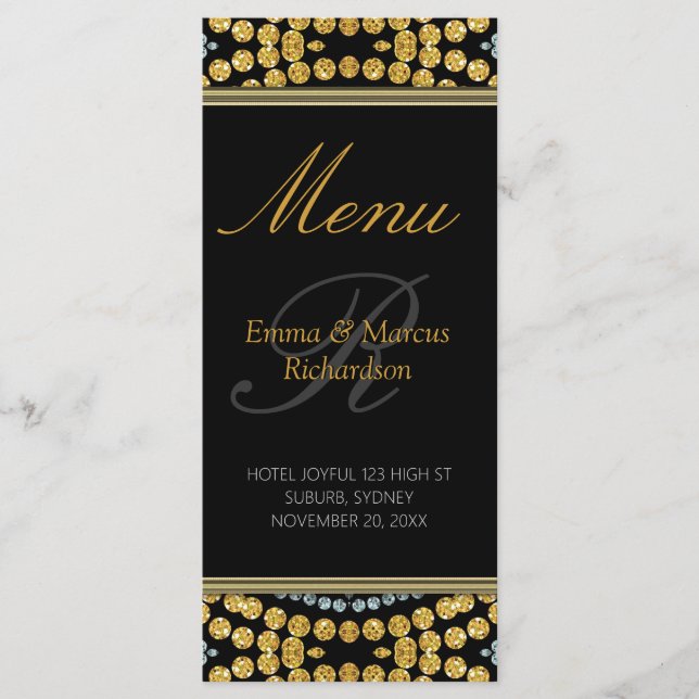 Tarjeta de menú Boda de decoración exótica en negr (Anverso)