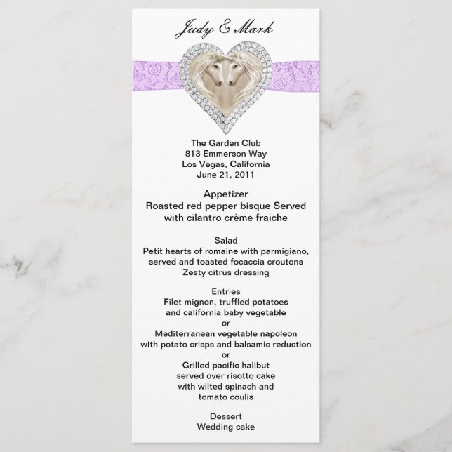 Tarjeta de menú Boda de encaje púrpura de Unicorn (Anverso)