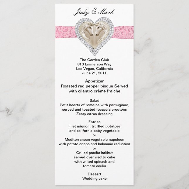 Tarjeta de menú Boda de encaje rosa de Unicorn (Anverso)