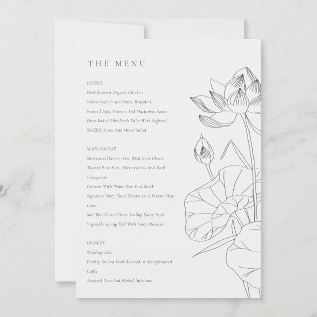 Tarjeta de menú Boda de esbozo de floral mínimo de (Anverso)