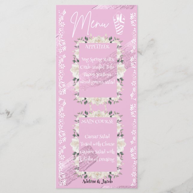 Tarjeta de menú boda de escritura floral rosa (Anverso)