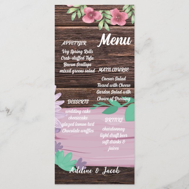 Tarjeta de menú boda de escritura floral Rustic Wo (Anverso)