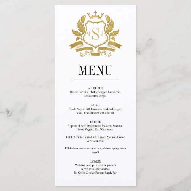 Tarjeta de menú Boda de Escudo dorado clásico (Anverso)