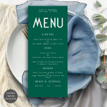 Tarjeta de menú Boda de esmeralda de texto minimal<br><div class="desc">Tarjeta de menú Boda verde esmeralda de texto minimalista. Disponible digitalmente e impreso. Personalice fácilmente el texto a sus propios detalles,  que incluye alternativas para sus opciones veganas o vegetarianas. Puede cambiar si desea que los colores de su elección coincidan con el tema boda.</div>