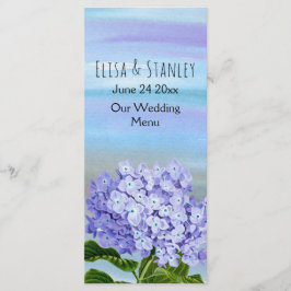 Tarjeta de menú boda de flor azul, violeta hidrang