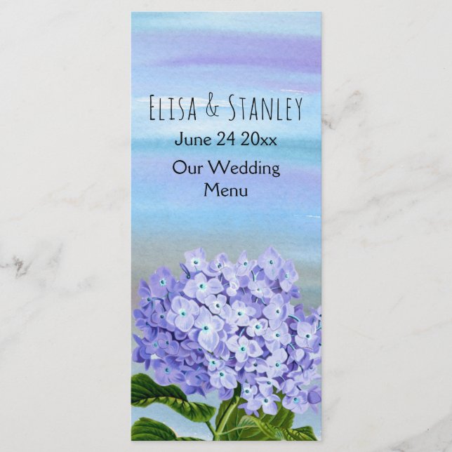 Tarjeta de menú boda de flor azul, violeta hidrang (Anverso)