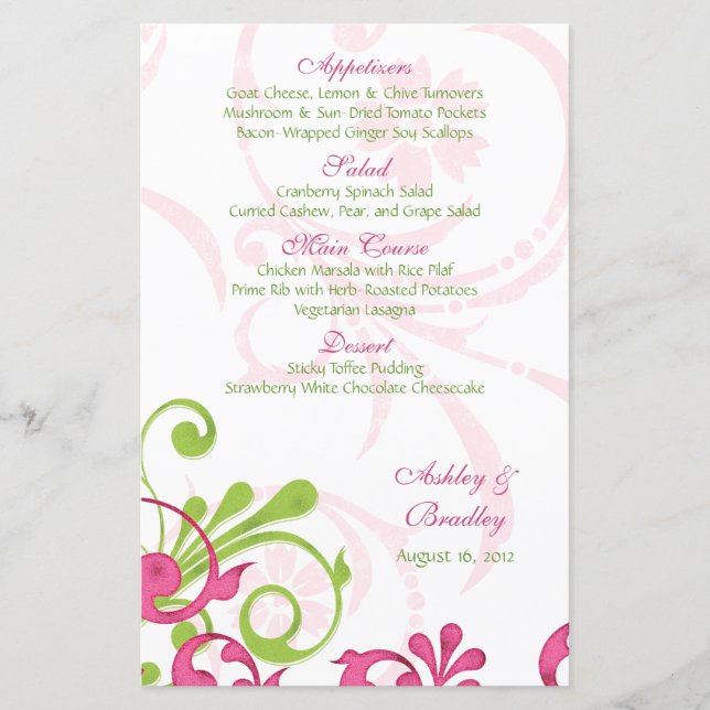 Tarjeta de menú Boda de Flora Blanca Verde Rosa (Anverso)