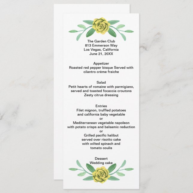 Tarjeta de menú Boda de floración amarilla de vege (Anverso / Reverso)