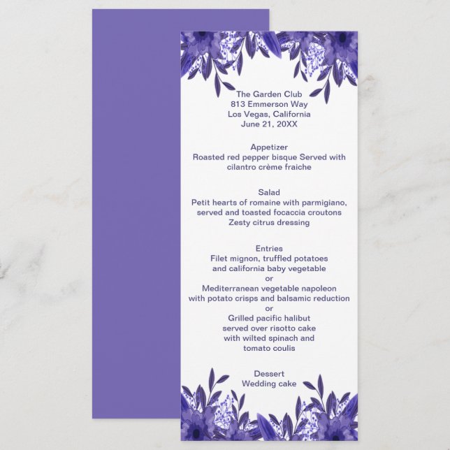 Tarjeta de menú Boda de floración azul púrpura (Anverso / Reverso)