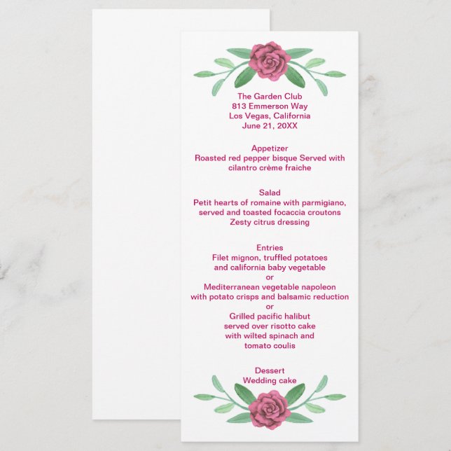 Tarjeta de menú Boda de floración rosa de la veget (Anverso / Reverso)