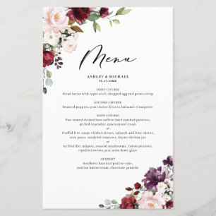 Tarjeta de menú Boda de flores de otoño rojas y mo