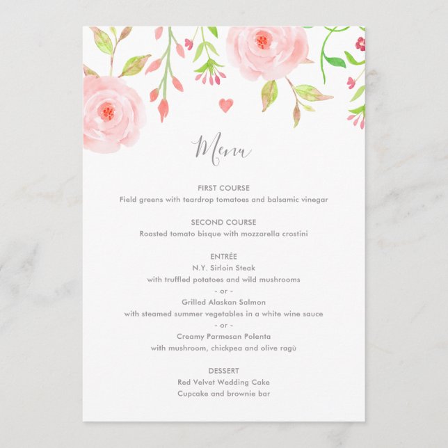 Tarjeta de menú Boda de flores dulces en rosa y ve (Anverso)