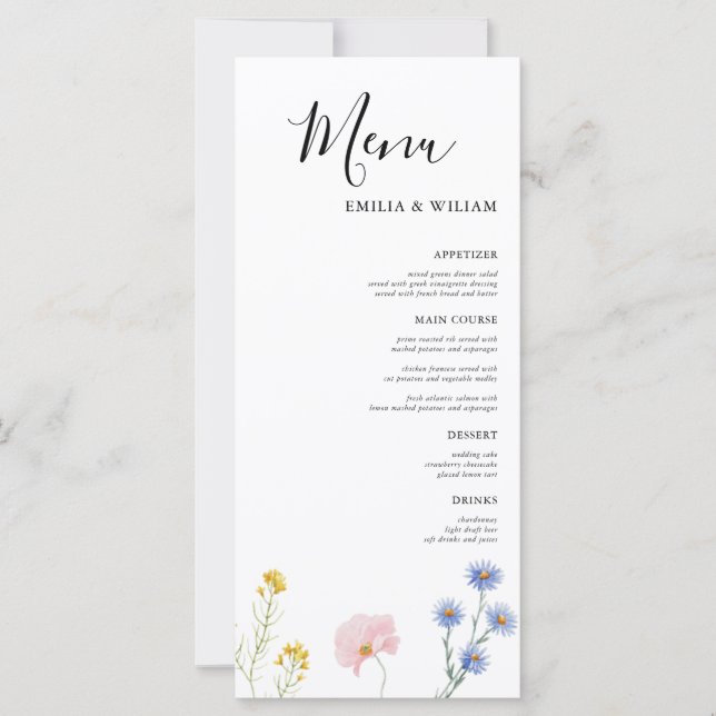Tarjeta de menú Boda de flores silvestres botánica (Anverso)