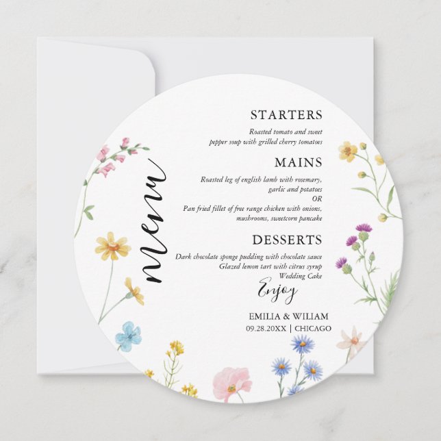 Tarjeta de menú Boda de flores silvestres botánica (Anverso)