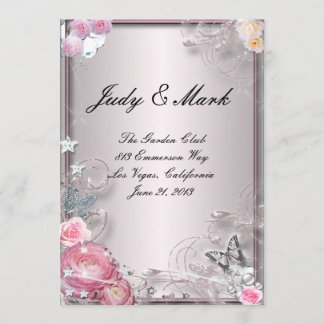 Tarjeta De Menú Boda De Flores Y Mariposa Rosa