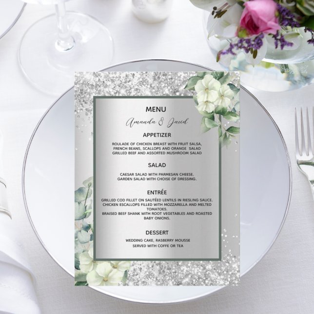 Tarjeta de menú boda de florines blancos plateados (Subido por el creador)