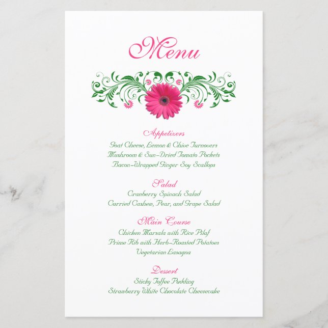 Tarjeta de menú Boda de Gerbera Rosa (Anverso)