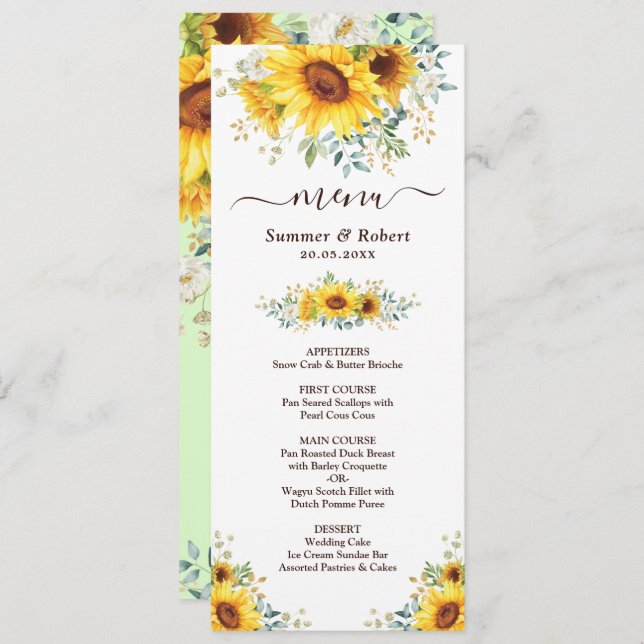 Tarjeta de menú Boda de girasol acuarela moderna (Anverso / Reverso)