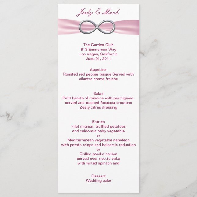 Tarjeta de menú Boda de infinito rosa (Anverso)