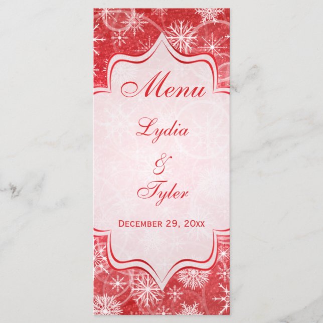 Tarjeta de menú Boda de la Nieve Roja y Blanca (Anverso)