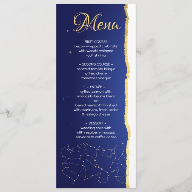 Tarjeta de menú Boda de las estrellas celestes de  (Anverso)