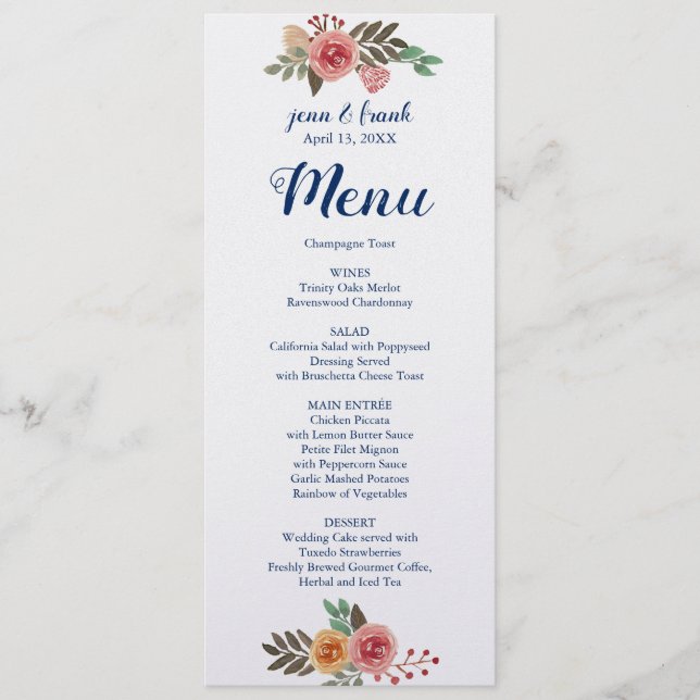 Tarjeta de menú Boda de las flores de primavera (Anverso)