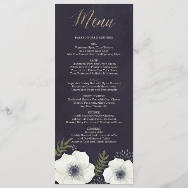 Tarjeta de menú Boda de las flores nocturnas de ve (Anverso)