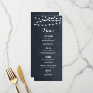 Tarjeta de menú Boda de las luces de cadena azul d