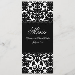 Tarjeta de menú Boda de línea de damasco blanco y