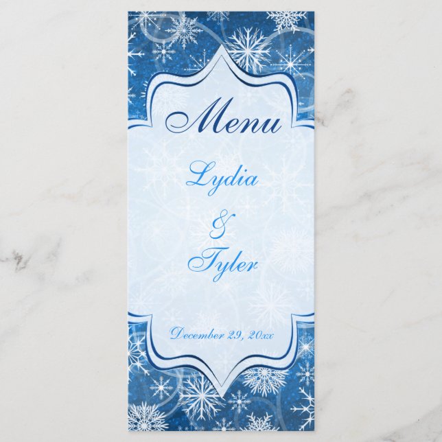 Tarjeta de menú Boda de los lagos de nieve azul y  (Anverso)