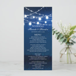 Tarjeta de menú Boda de luces azules nocturnas y p